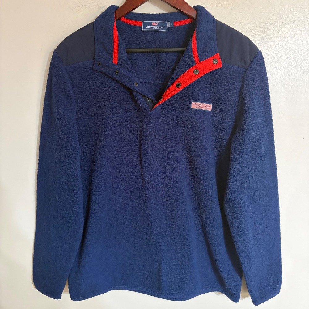 Vineyard Vines Mens Navy Blue Shep Fleece Snap Mock Neck Pullover Large